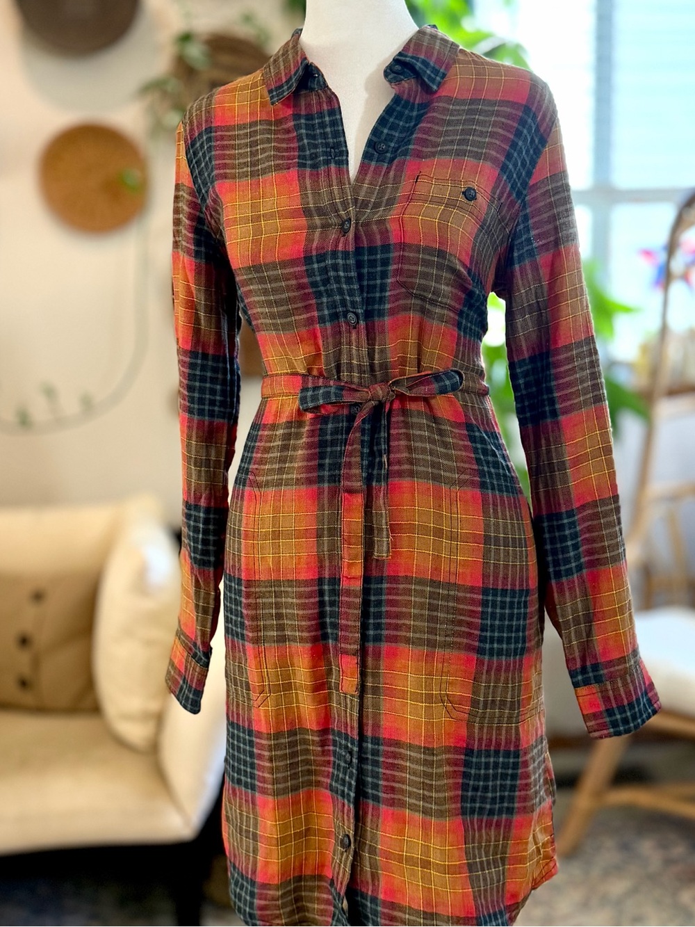 Toad&Co Plaid Shirt Dress in Rust, Olive & Navy - Picture 4 of 11
